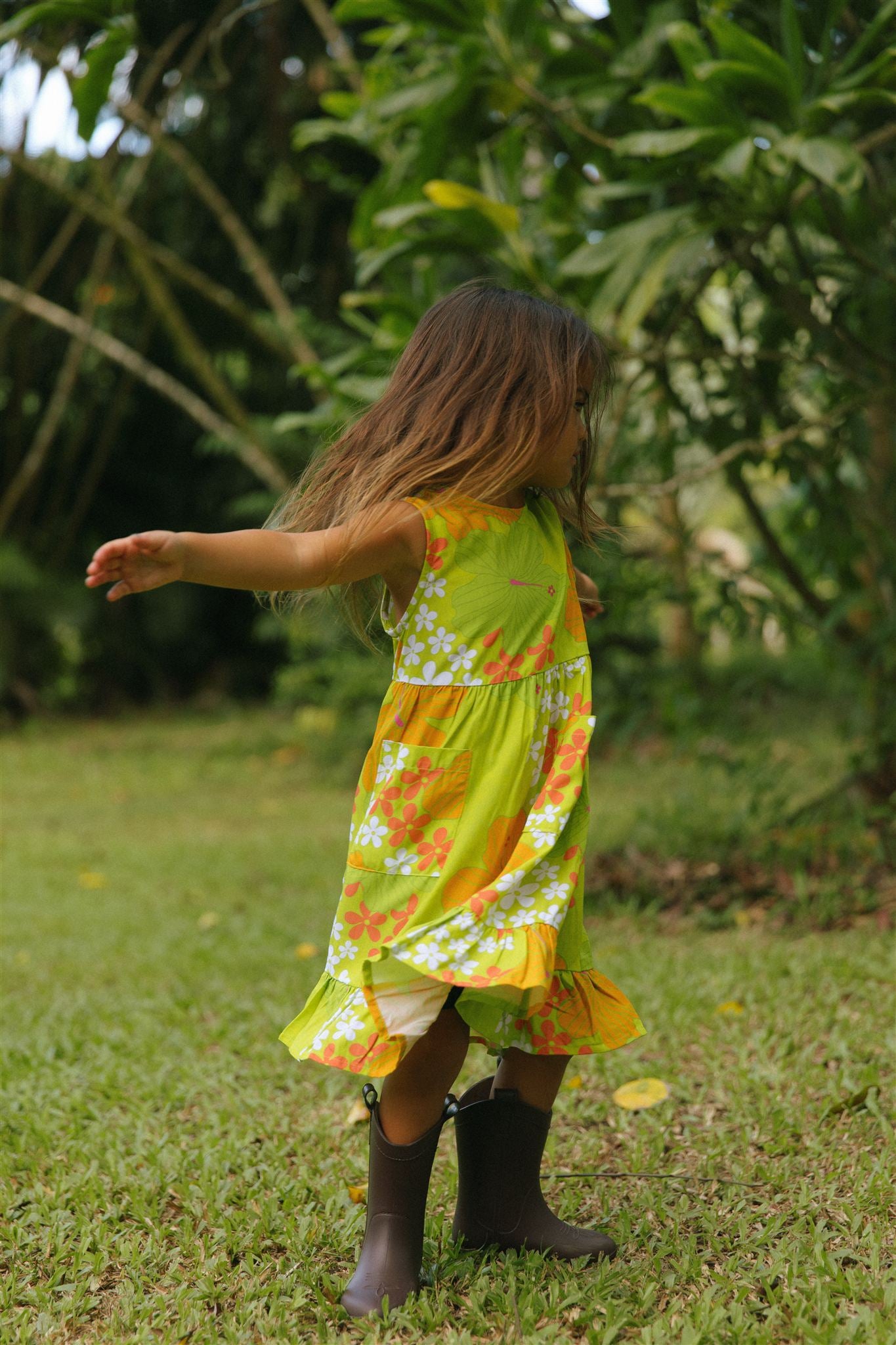 Kaliko Girlʻs Dress in Lime & Tangerine Dream
