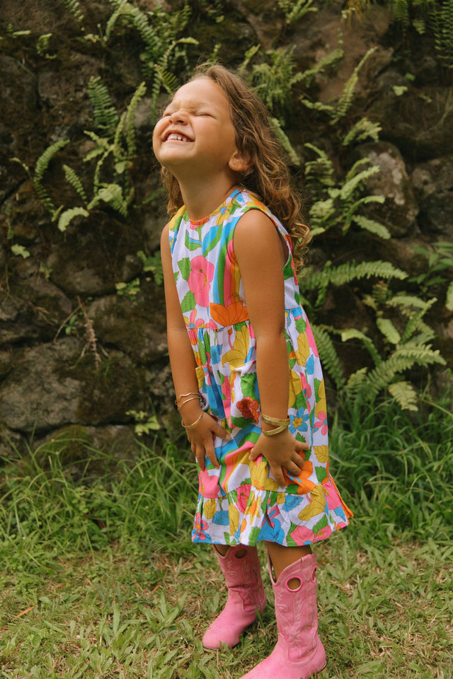 Kaliko Girlʻs Dress in Retro Rainbow Garden