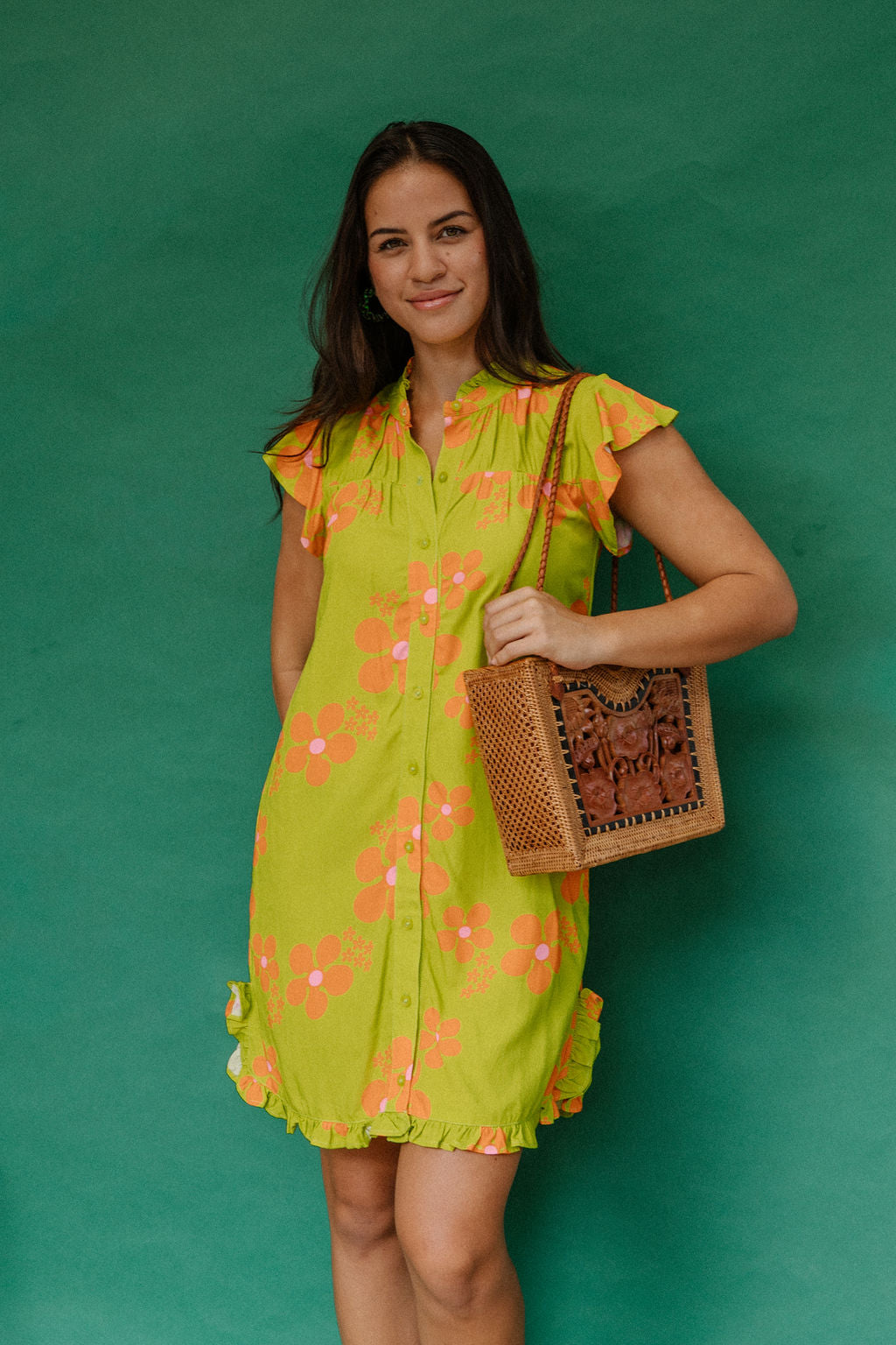 Mary Dress in Olive and Orange Blooms