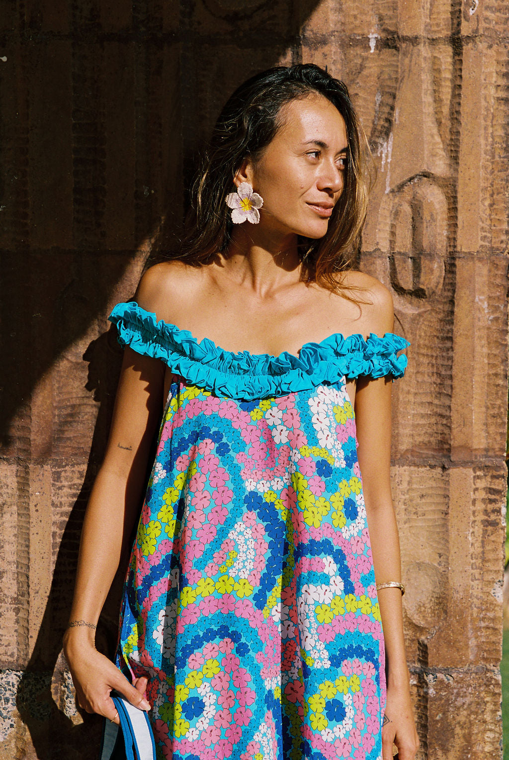 Cindy Dress in Blue Hibiscus Rainbows