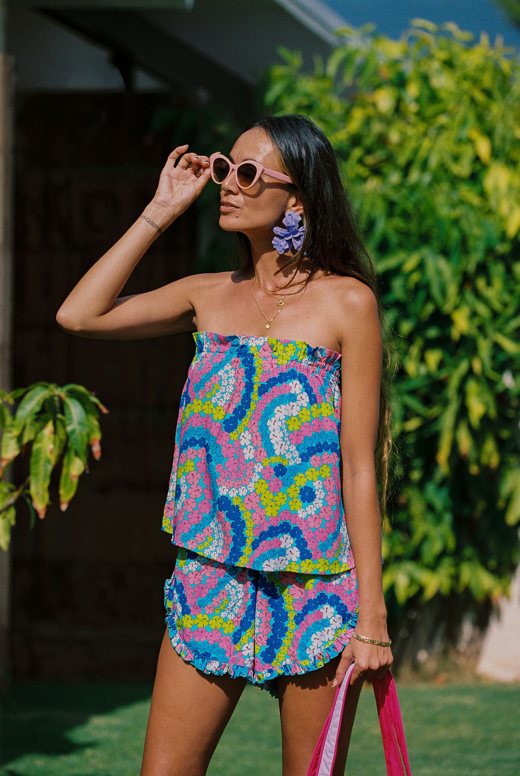 Natasha Top in Blue Hibiscus Rainbows