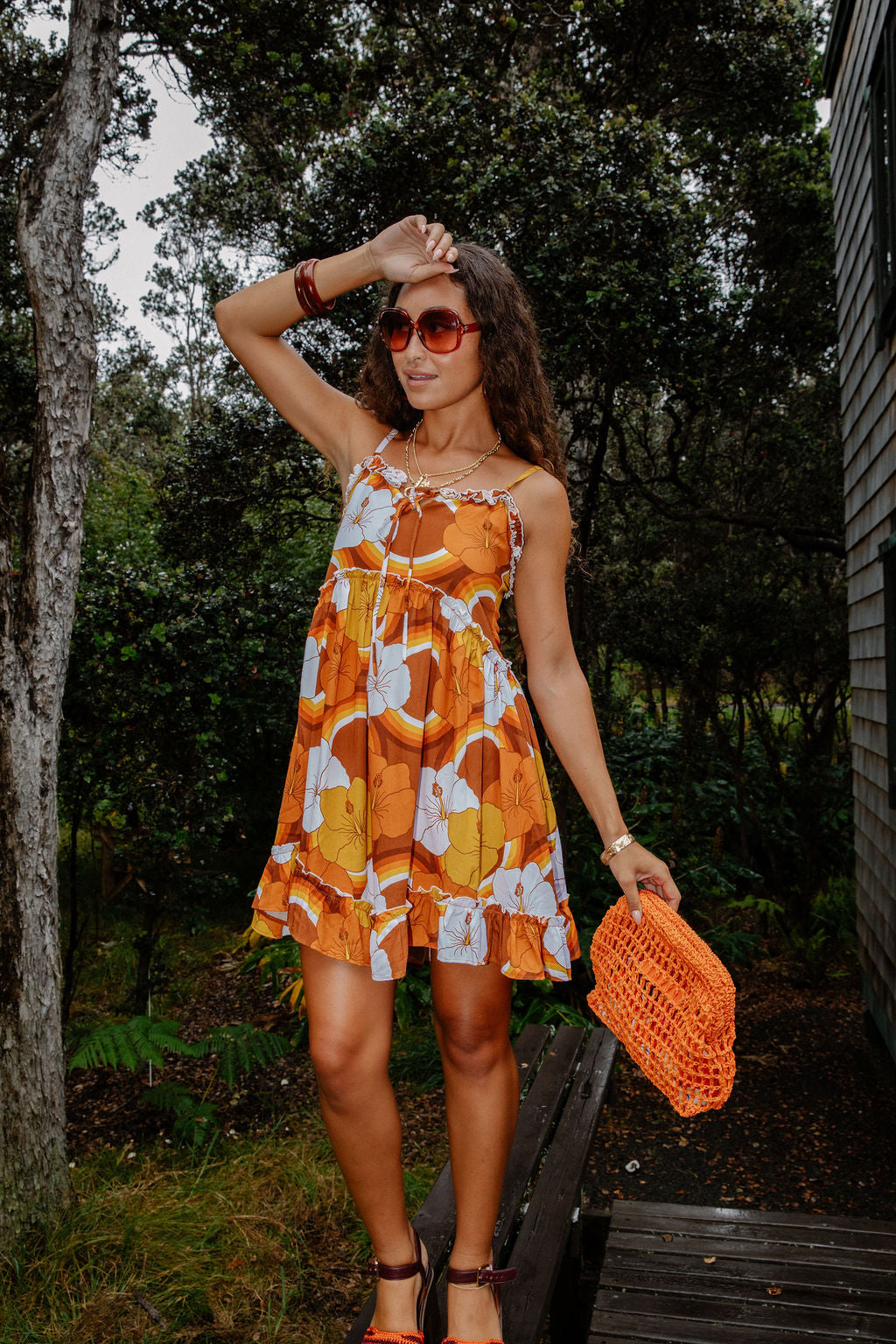 Remy Dress in Brown Hibiscus Rainbow