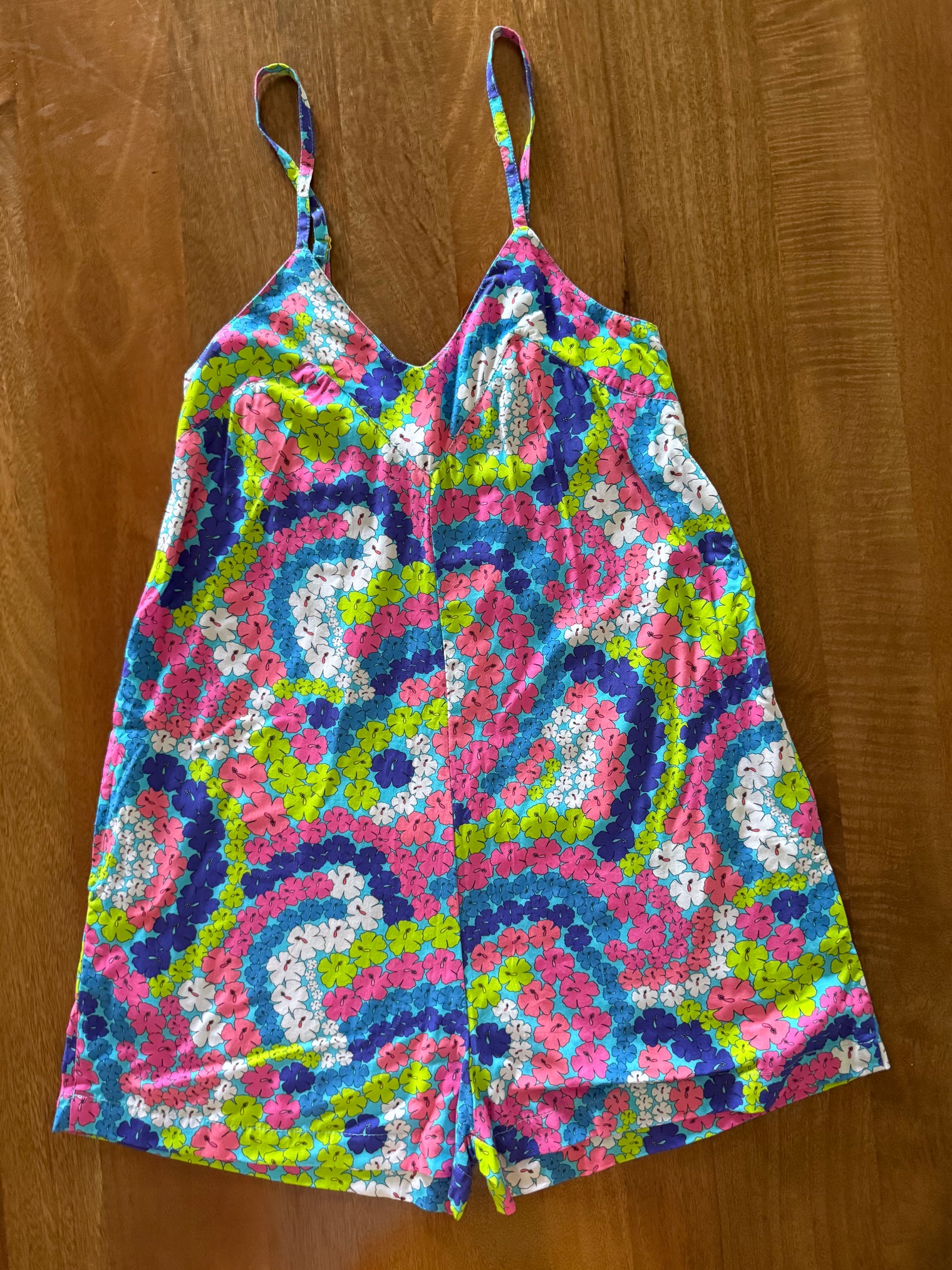 Iolani Romper in Blue Hibiscus Rainbows
