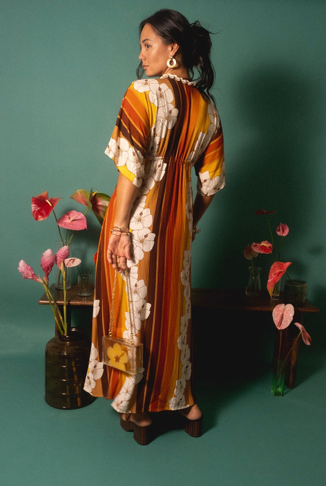 Maxi Alice Dress in 70's Hibiscus Stripes