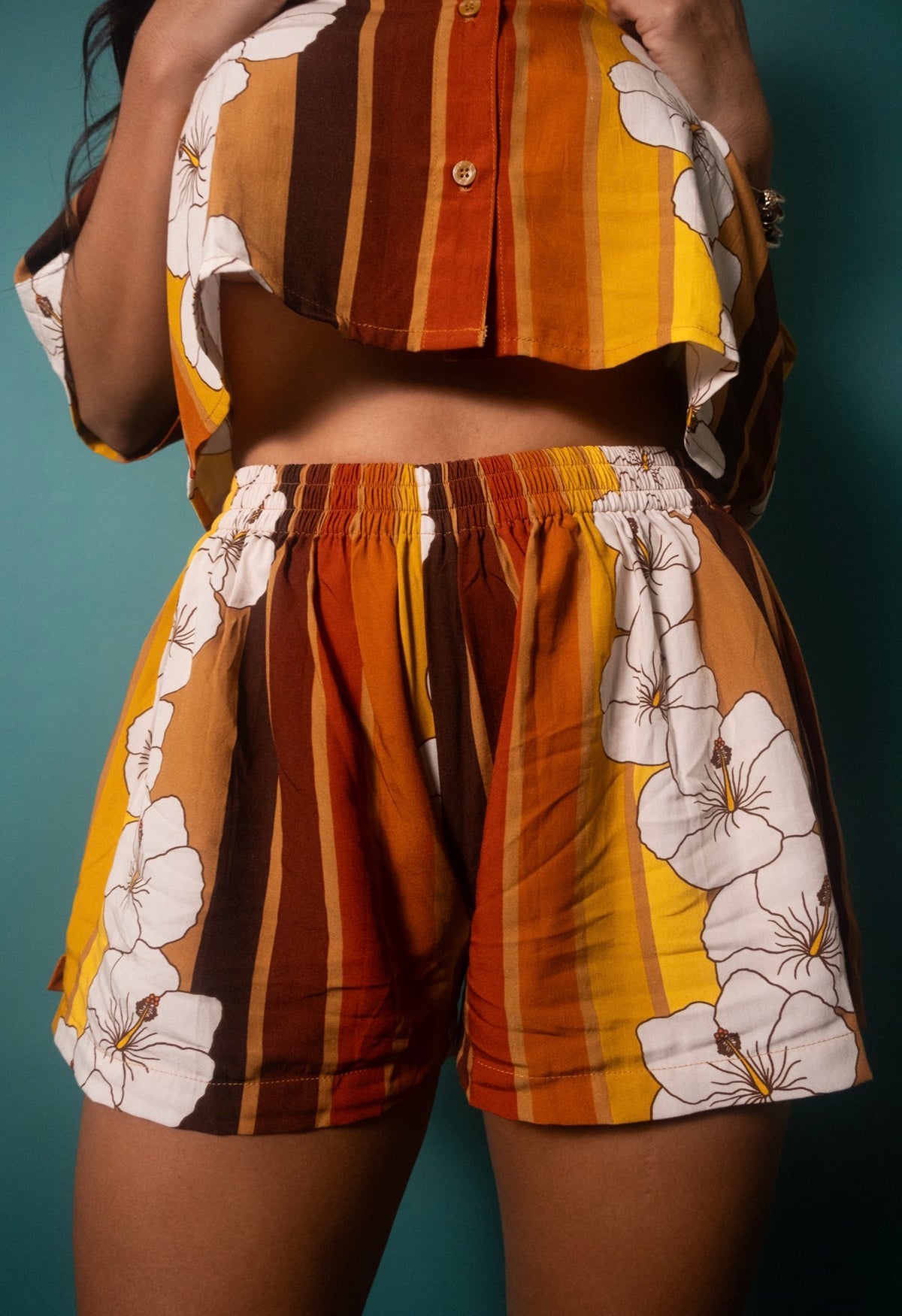 Brook Shorts in 70's Hibiscus Stripes