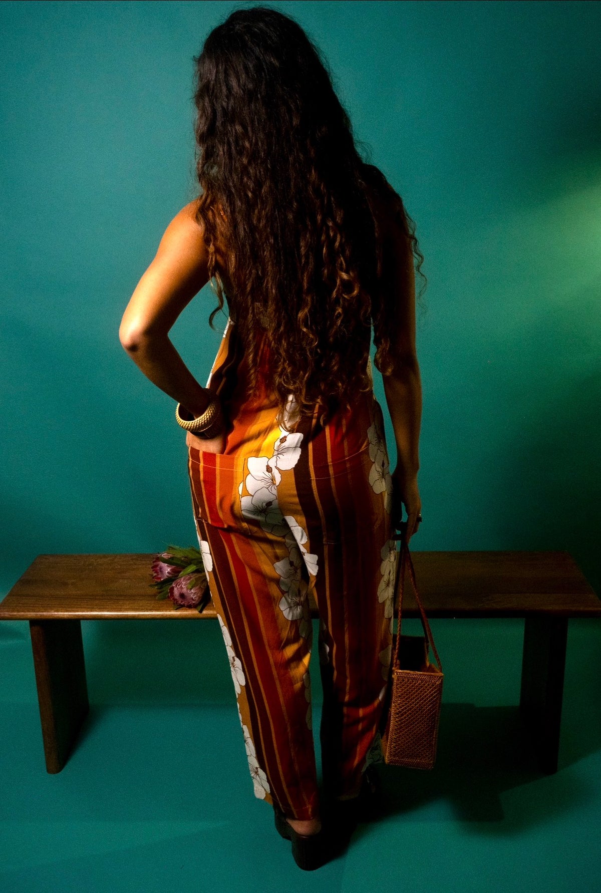 Iolani Jumpsuit in 70's Hibiscus Stripes