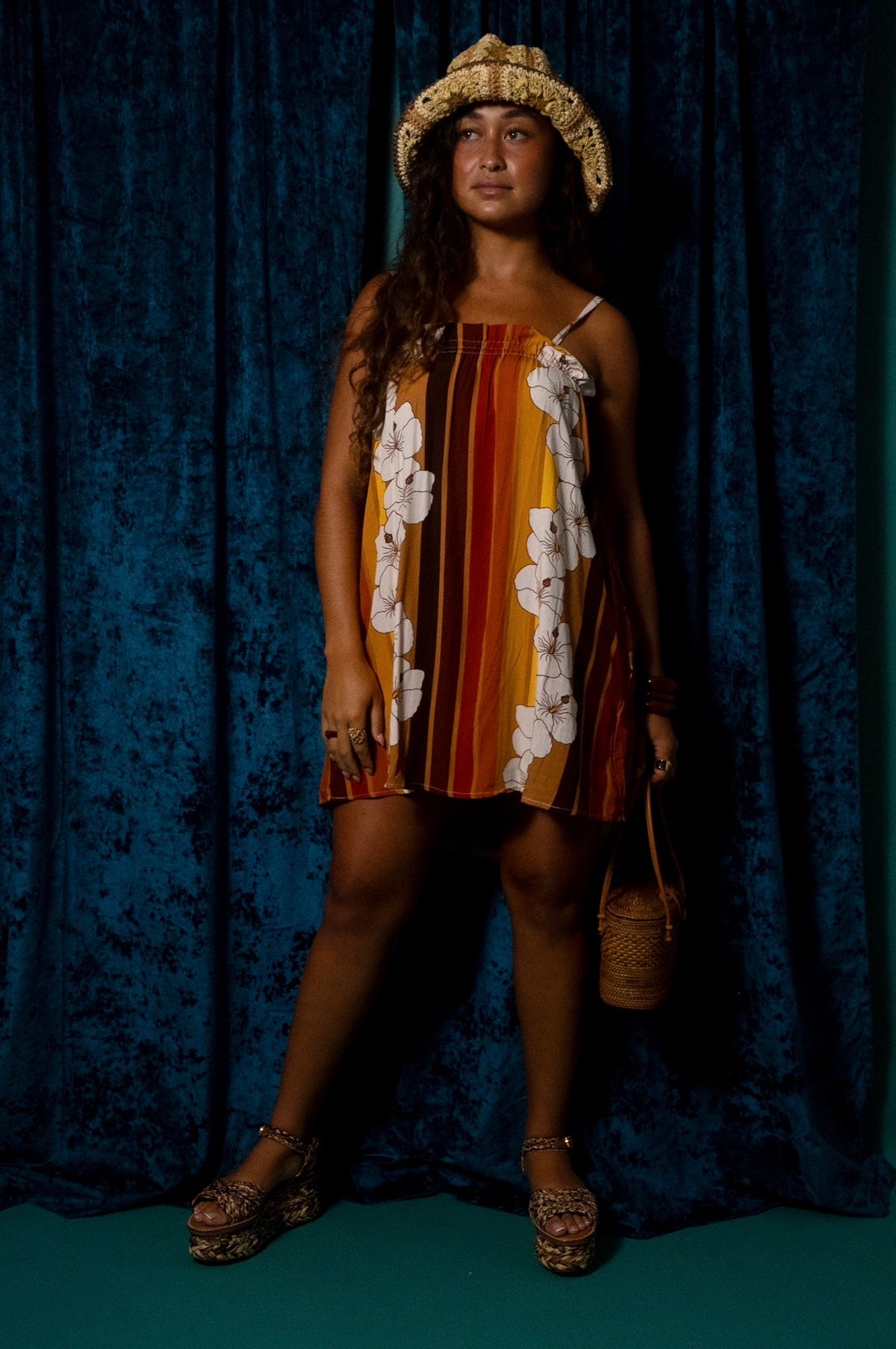 Natasha Dress in 70's Hibiscus Stripes