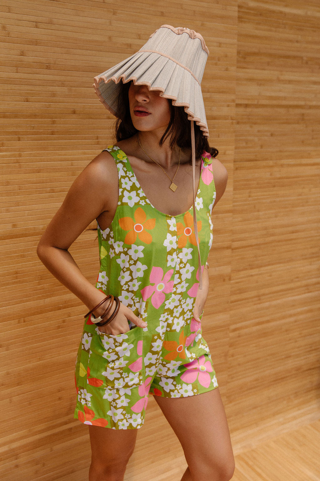 Patsy Romper in Green Flower Boxes