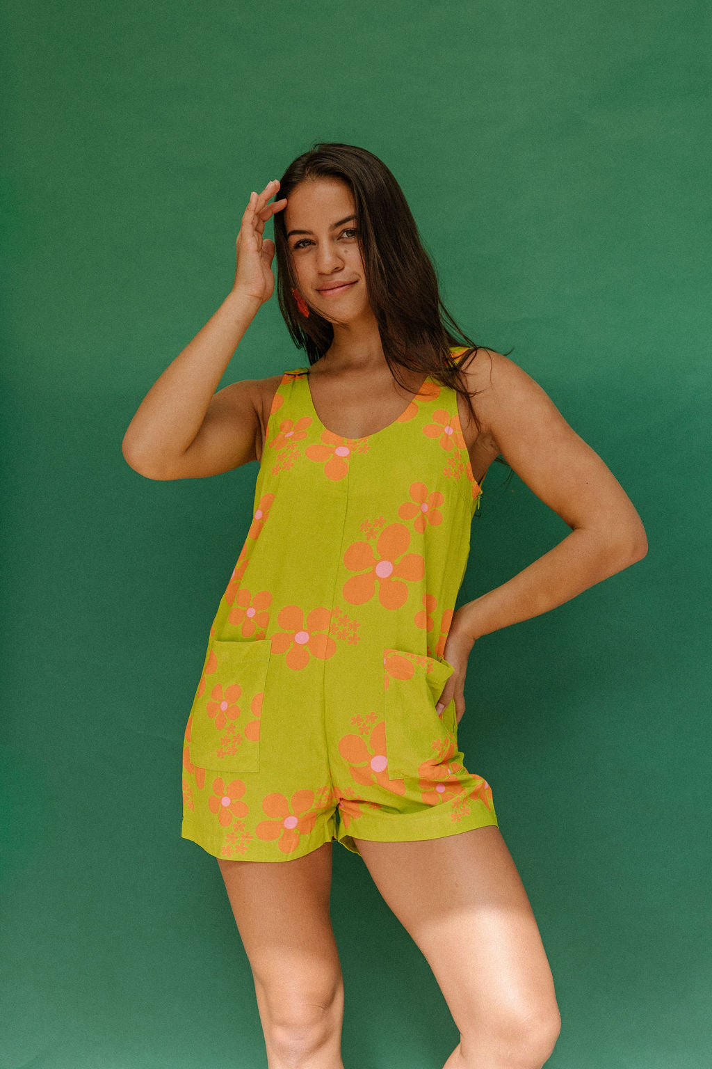 Patsy Romper in Olive and Orange Blooms