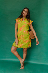 Mary Dress in Olive and Orange Blooms