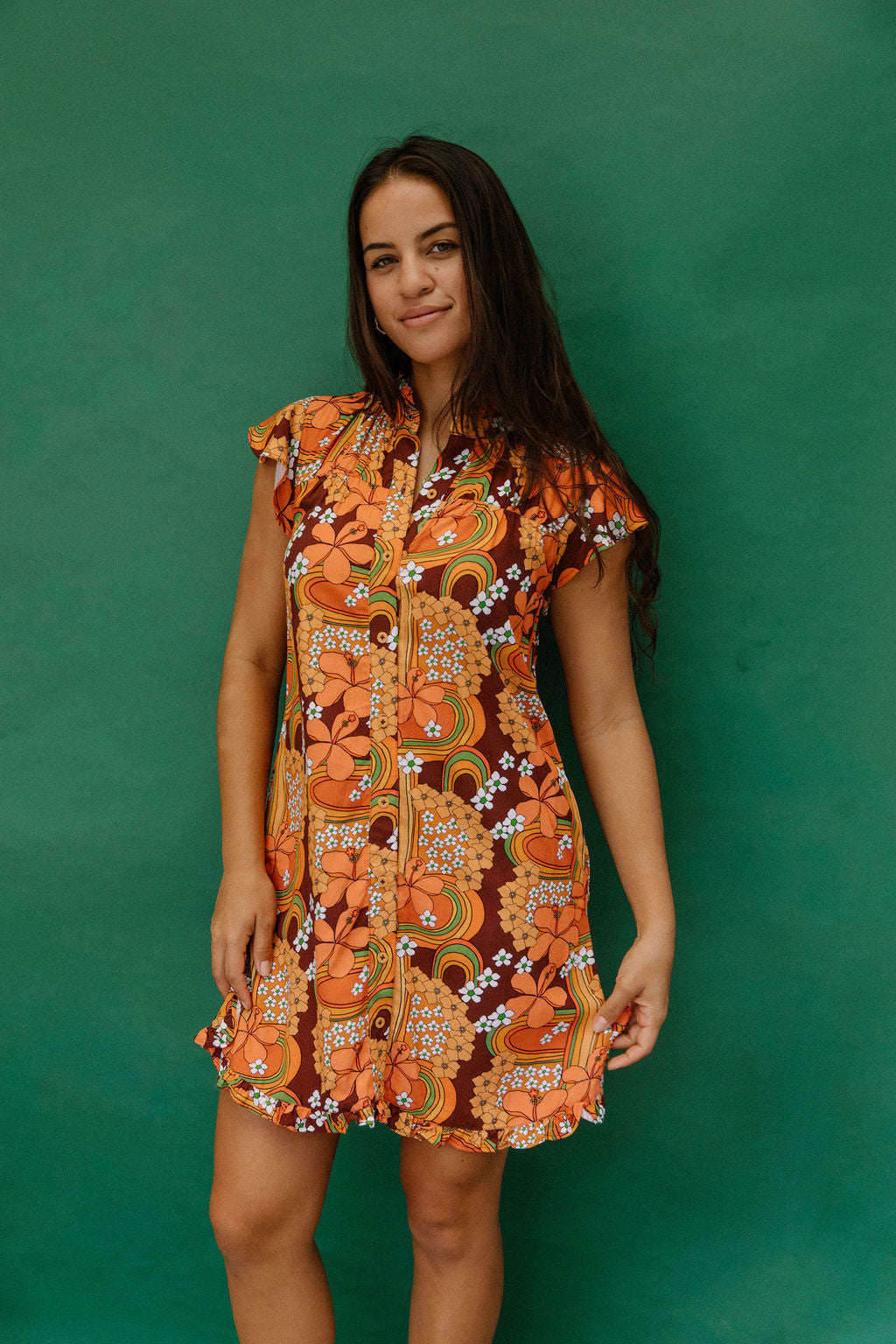 Mary Dress in Brown Retro Rainbow