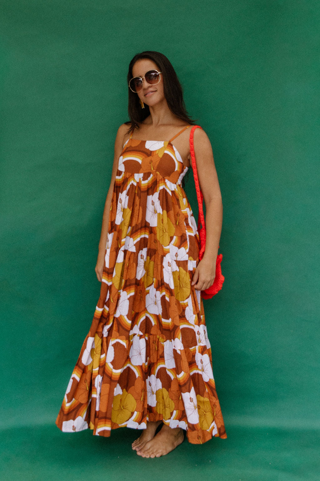 Maxi Rell Dress in Brown Rainbow Hibiscus