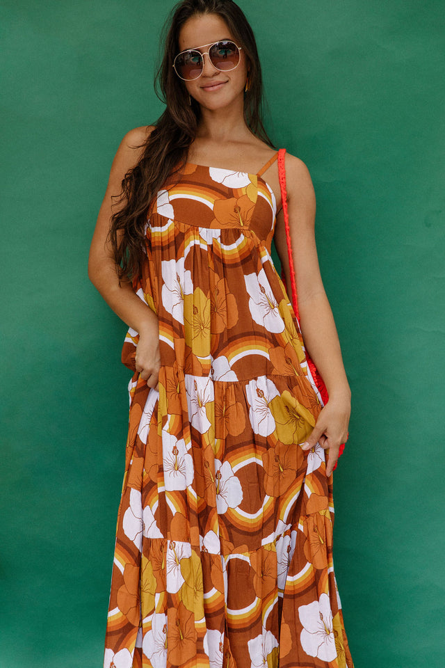 Maxi Rell Dress in Brown Rainbow Hibiscus