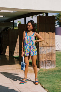 Patsy Romper in Blue Hibiscus Rainbows