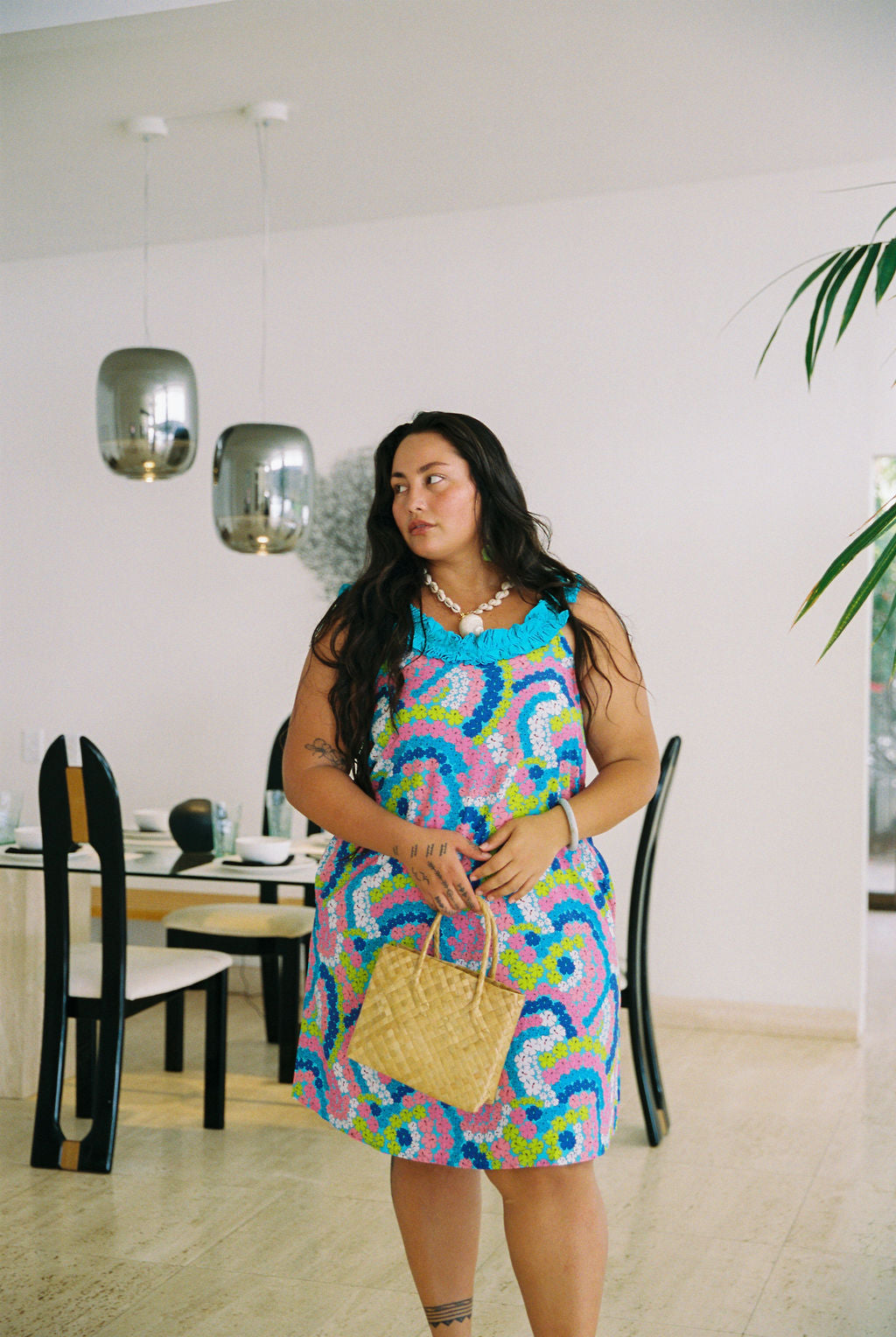 Cindy Dress in Blue Hibiscus Rainbows