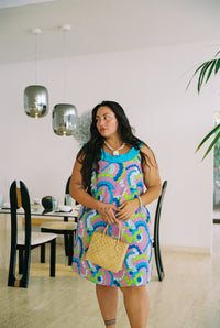 Cindy Dress in Blue Hibiscus Rainbows