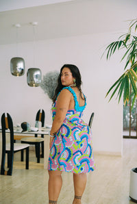 Cindy Dress in Blue Hibiscus Rainbows