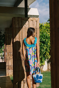 Cindy Dress in Blue Hibiscus Rainbows