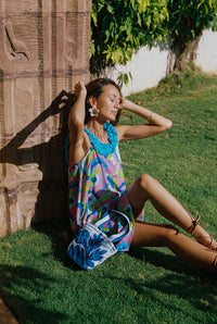 Cindy Dress in Blue Hibiscus Rainbows