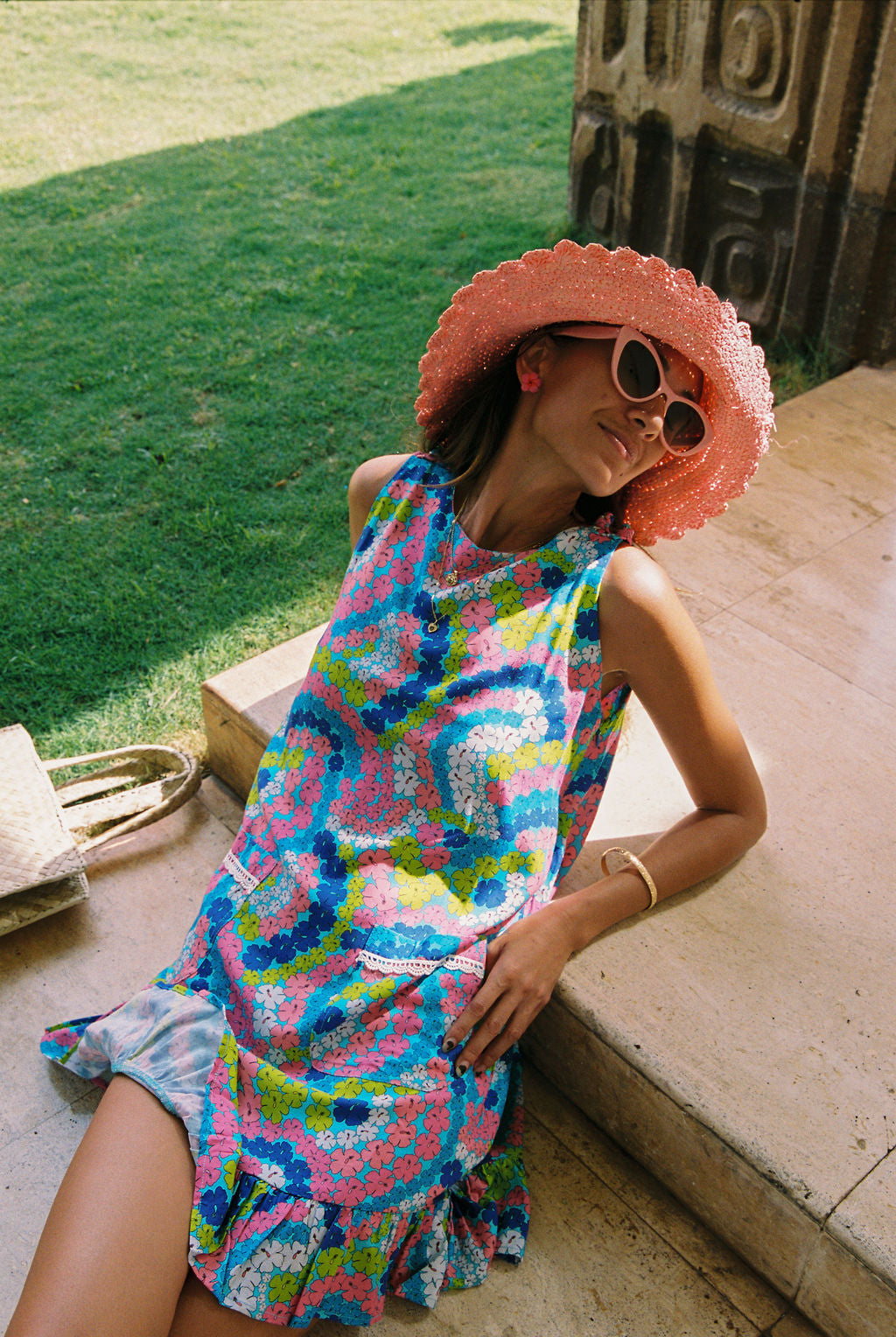 Quinn Dress in Blue Hibiscus Rainbows