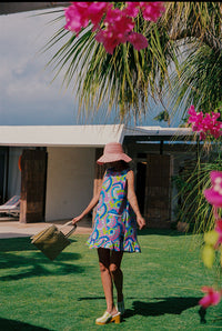 Quinn Dress in Blue Hibiscus Rainbows