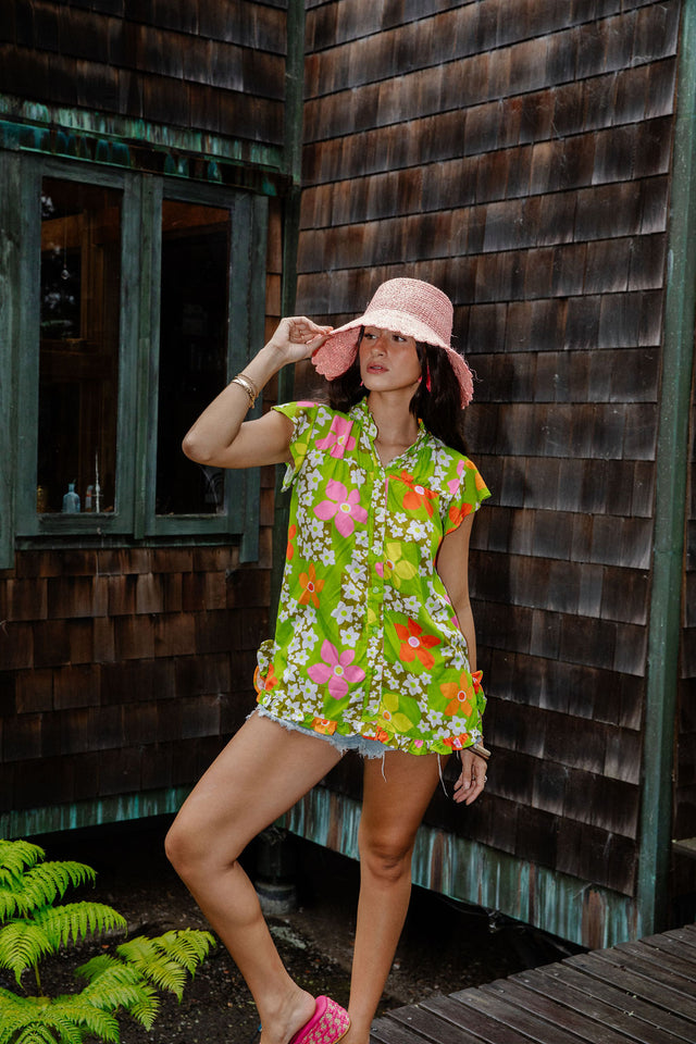 Mary Top in Green Flower Boxes