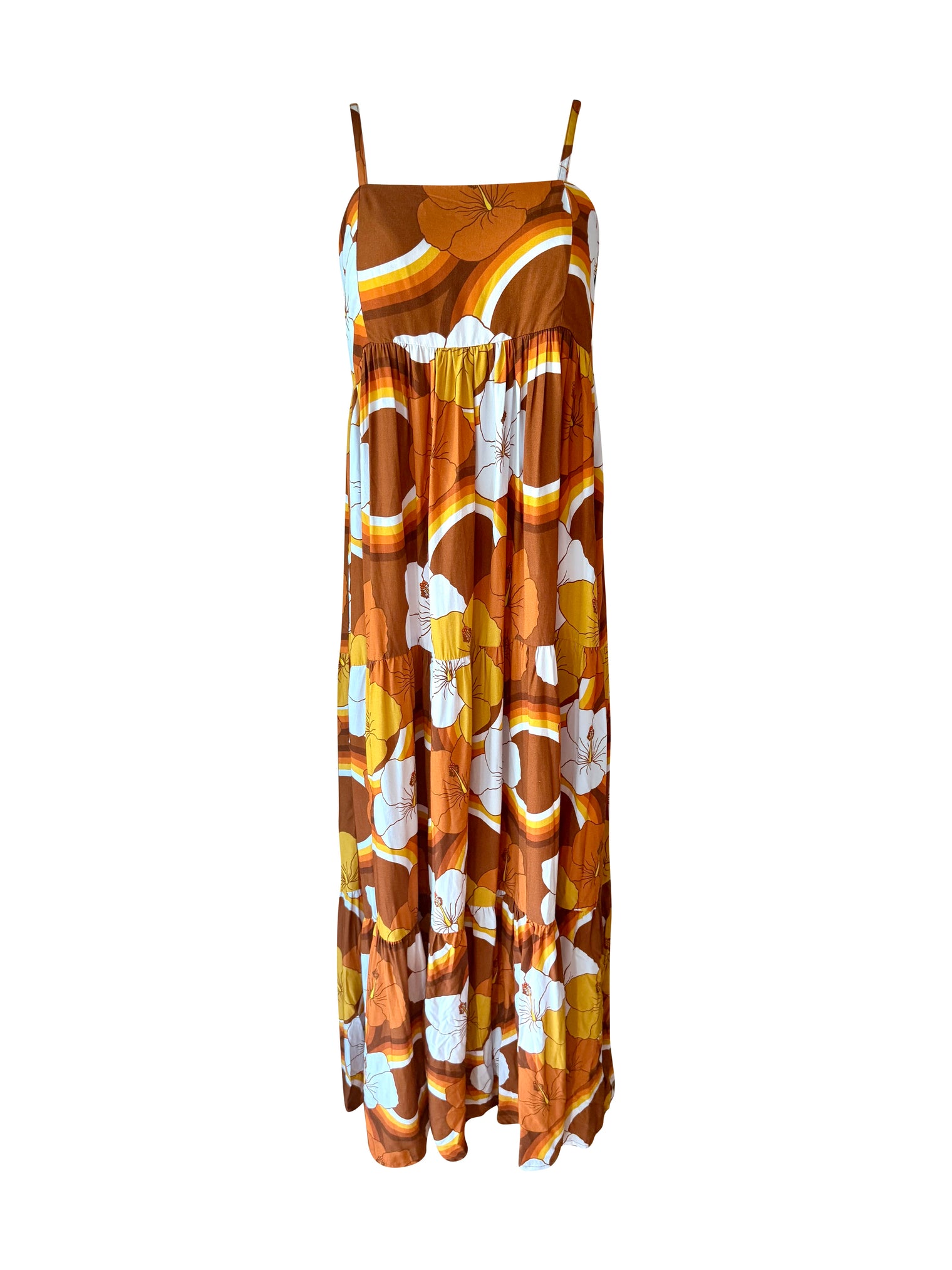 Maxi Rell Dress in Brown Hibiscus Rainbow