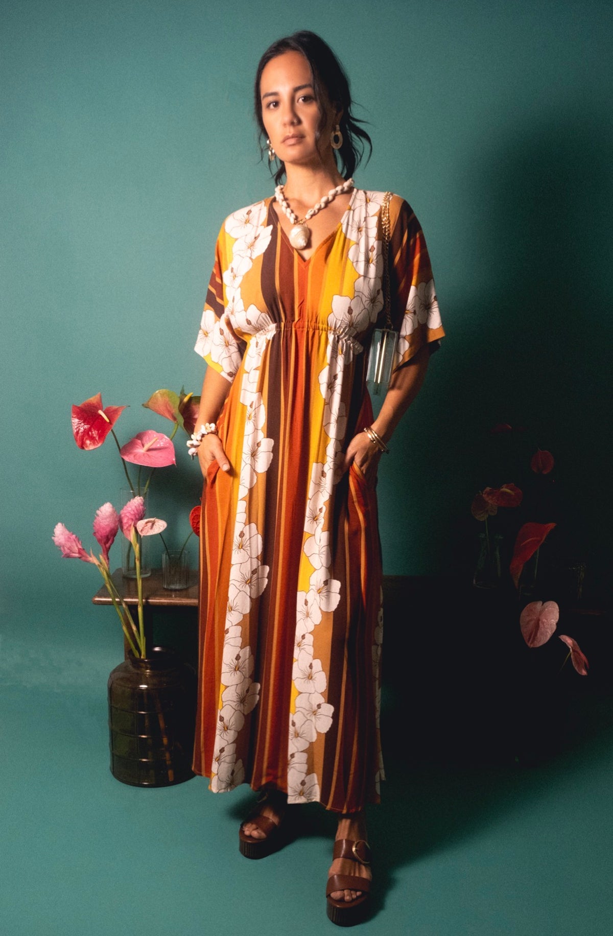 Maxi Alice Dress in 70's Hibiscus Stripes