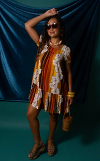 Emma Dress in 70's Hibiscus Stripes