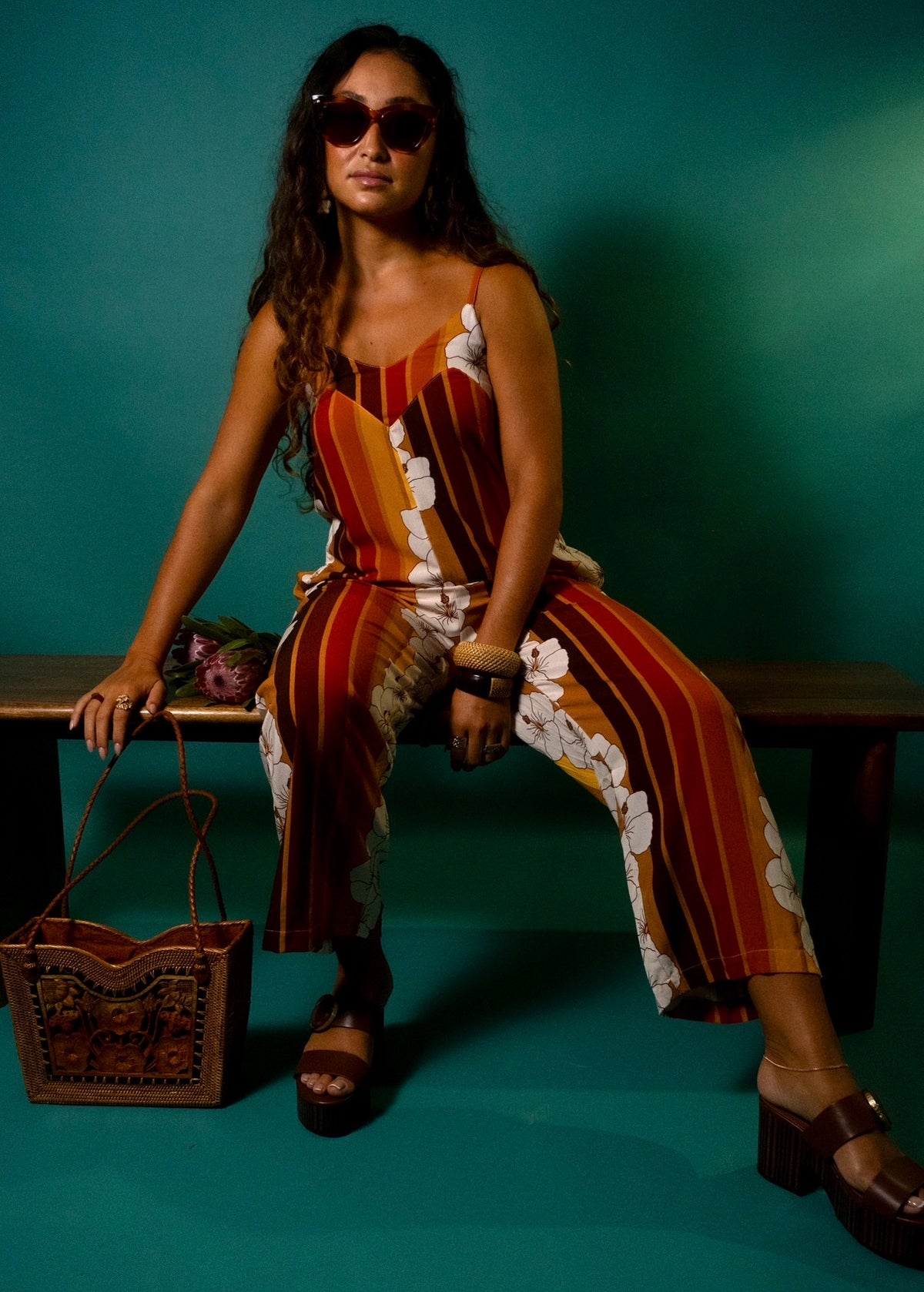 Iolani Jumpsuit in 70's Hibiscus Stripes