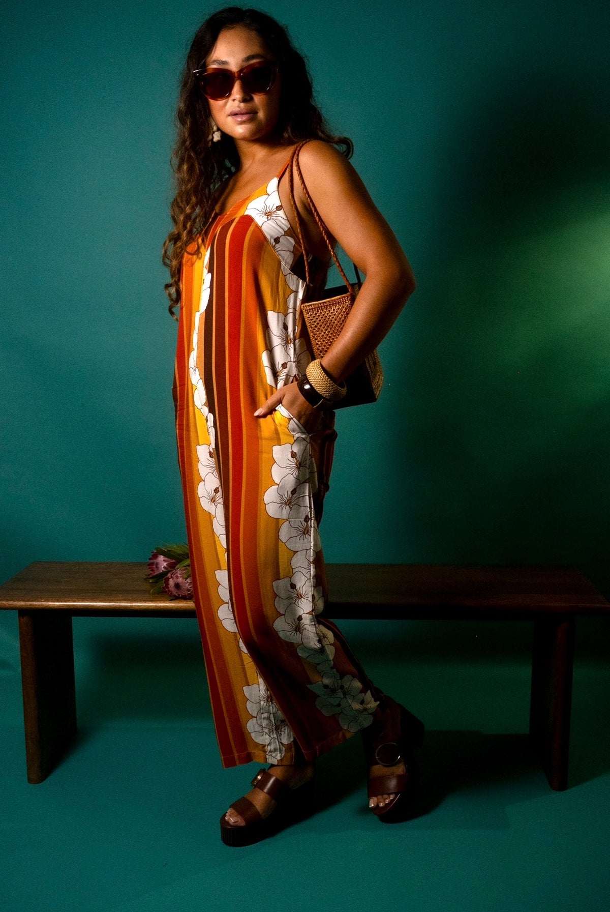 Iolani Jumpsuit in 70's Hibiscus Stripes