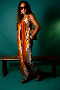 Iolani Jumpsuit in 70's Hibiscus Stripes