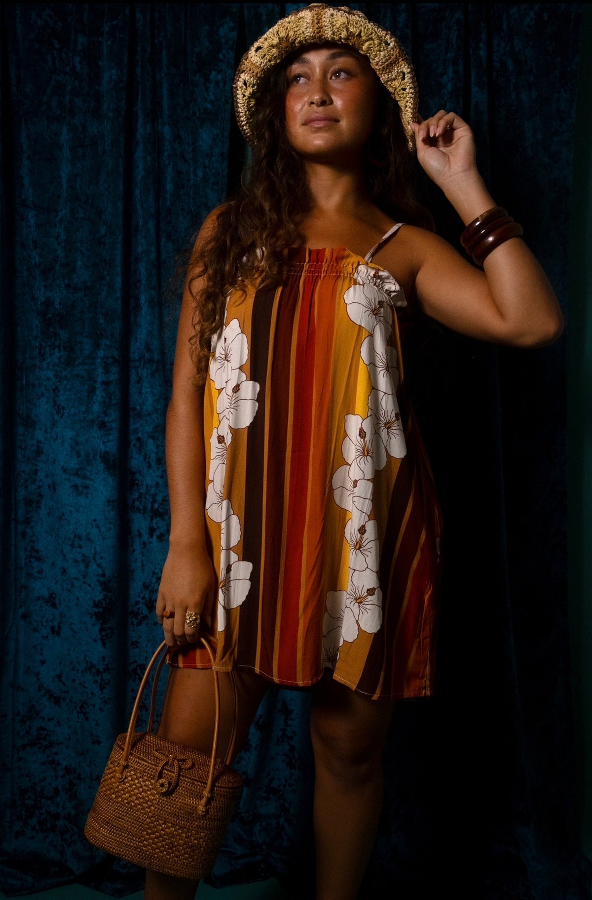 Natasha Dress in 70's Hibiscus Stripes